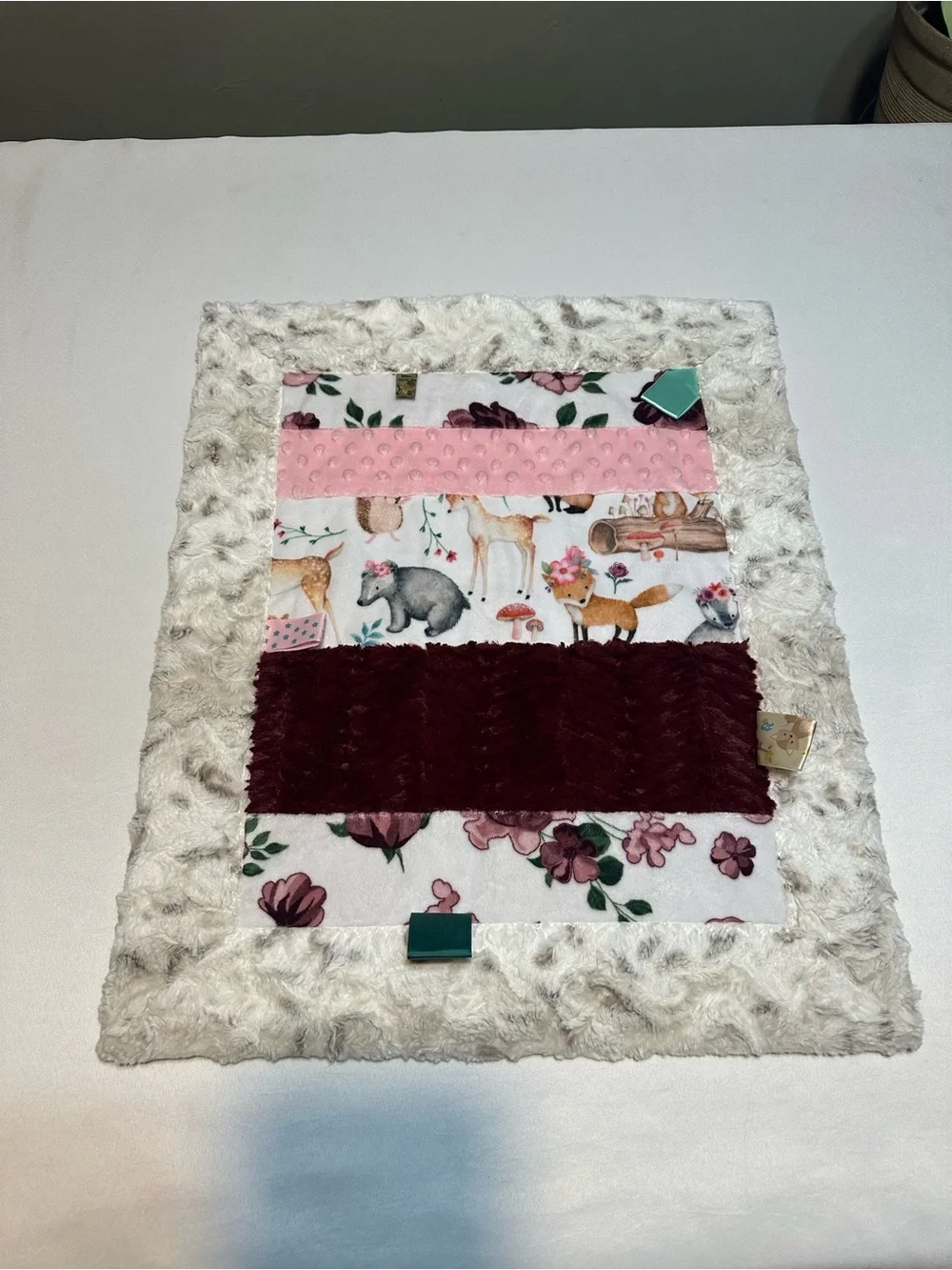 Woodland Floral Forest minky taggie & Burp Cloth Set - Pink, Cream & Burgundy